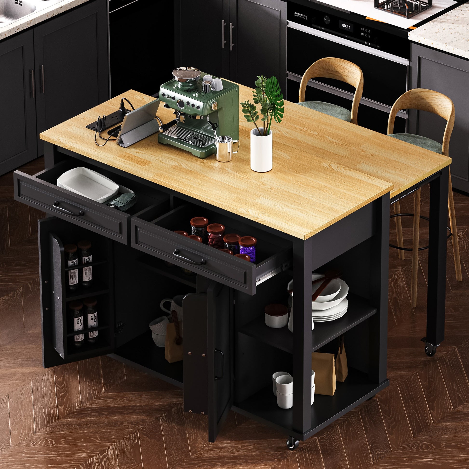 ModernLuxe 47 inch Kitchen Island with Extendable Dining Table Rubber Wood Veneer Kitchen Table with Internal Storage Rack Power Outlet Kitchen island with Storage 2 Drawers 2 Cabinet Black