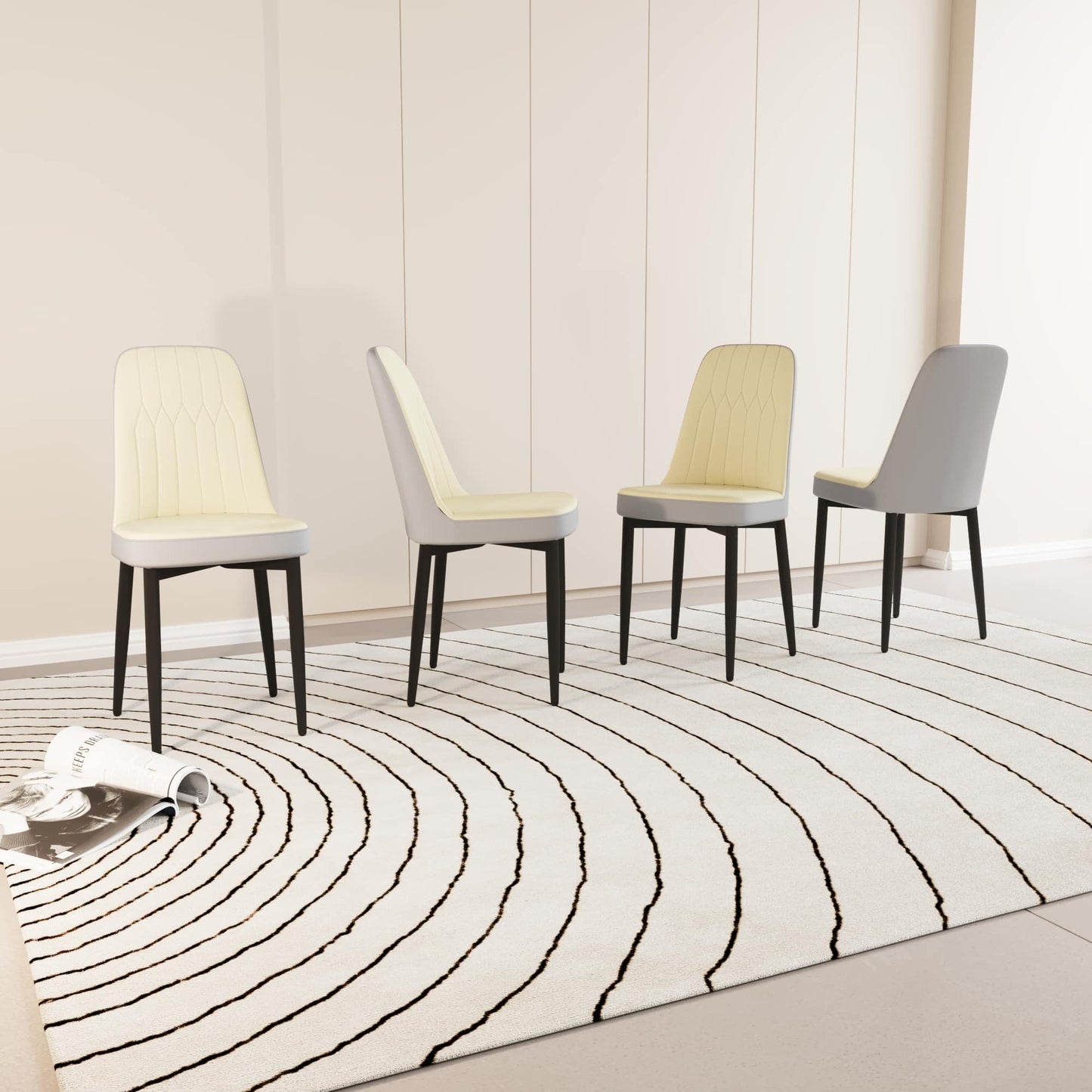 Vynxaria  Set of 4 Beige and Gray Dining Chairs with Black Metal Legs