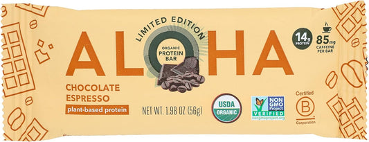 Aloha Organic Chocolate Espresso Protein Bars, 14g Plant-Based Protein, 85mg Caffeine, USDA Certified Organic, Gluten Free & Non-GMO, 1.98 Oz (Pack of 12)