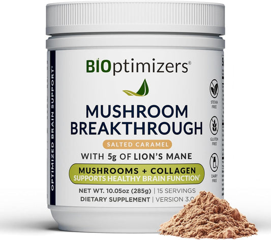 BIOptimizers Mushroom Coffee Alternative \u2013 Salted Caramel Drink \u2013 Lion\u2019s Mane, Chaga, Reishi + Collagen Peptides for Focus, Energy & Gut Health \u2013 Adaptogenic Mushrooms & MCT Powder \u2013 15 Servings
