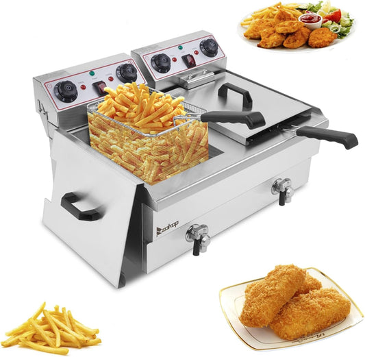 25QT\/23.6L Commercial Deep Fryer with Basket and Lid, 3400W Electric Fryer with Adjustable Temperature & Timer, Stainless Steel Countertop Oil Fryer for French Fries, Onion Rings, Donuts