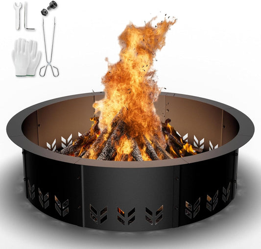 HAIMINA Outdoor Smokeless Fire Pit Ring Insert,30 Inch Inner|36 Inch Outer Diameter, Heavy Duty Metal Round Fire Ring for Outside Wood Burning, Black