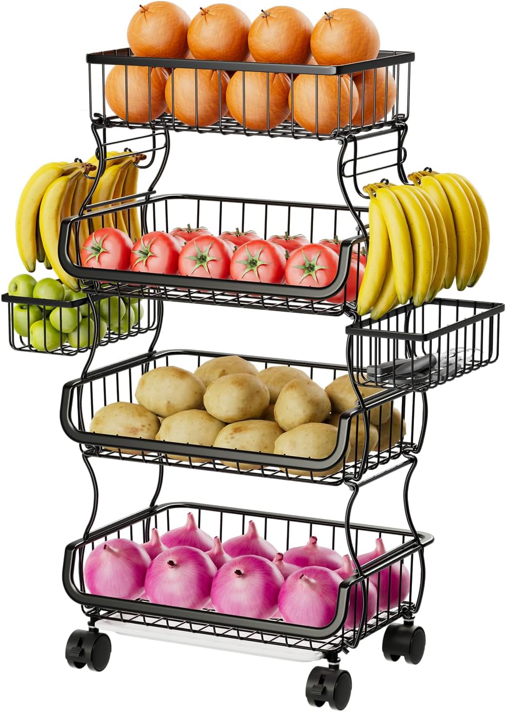 Simple Trending 4 Tier Rolling Cart, Stackable Fruit Vegetable Basket with Wheels and 2 Hanging Basket, Kitchen Storage Metal Wire Basket Stand for Vegetable Snacks, Black