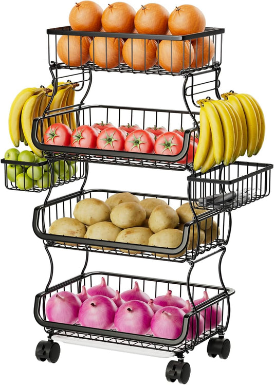 Simple Trending 4 Tier Rolling Cart, Stackable Fruit Vegetable Basket with Wheels and 2 Hanging Basket, Kitchen Storage Metal Wire Basket Stand for Vegetable Snacks, Black