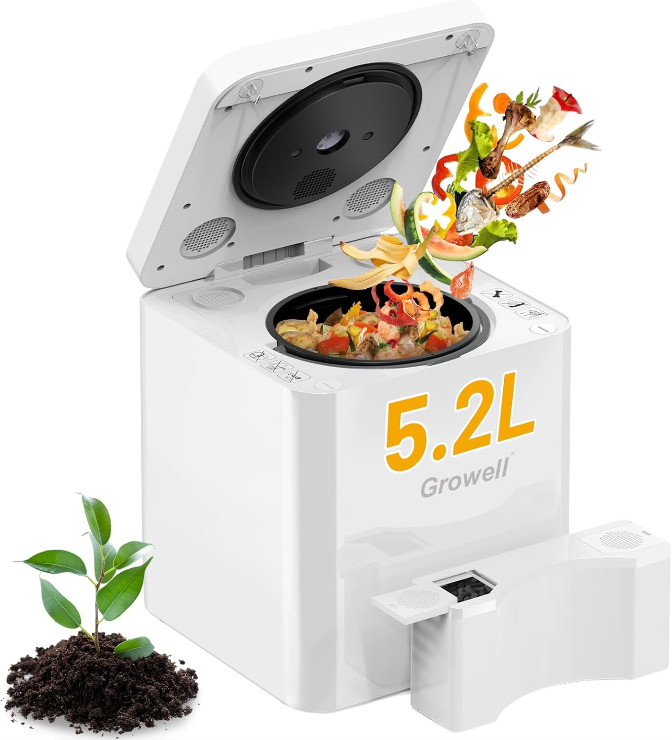 Growell EC03 Electric Composter for Kitchen Indoor, 5.2L 3-in-1 Large Countertop Compost Bin, Drying\/Grinding\/Composting, Odorless Food Waste Compost Machine with Auto-Clean & Smart Sensor LED Displa