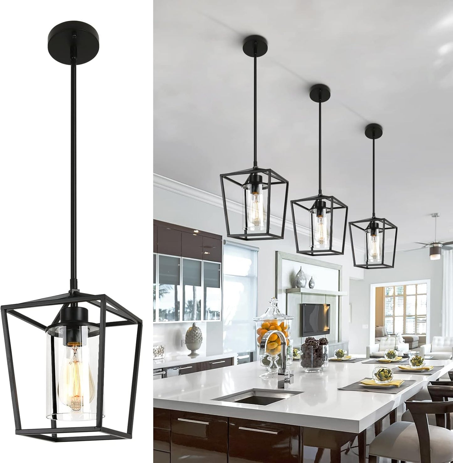 1-Light Black Pendant Light Fixture Farmhouse Iron Cage Metal Pendant Light Lantern Hanging Light Fixtures with Clear Glass Shade for Kitchen Island, Entryway, Dining Room, Hallway 5.9*5.9*8.27IN