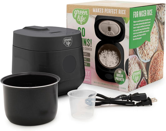 GreenLife Digital Rice Cooker, 2-Cups Uncooked\/4-Cups Cooked, Removable Nonstick Ceramic PFAS-Free Pot, One-Touch Presets, Oats, Quinoa, Brown Rice, Auto Keep Warm, Fuzzy Logic Tech, 1.5 QT, Black