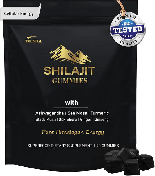 DLNIA Shilajit Gummies with Ashwagandha, Turmeric - Organic, Zero Sugar & Vegan-Friendly Himalayan Shilajit for Men & Women - Energy, Calm, Cortisol, Sleep, Immune Support & Overall Health