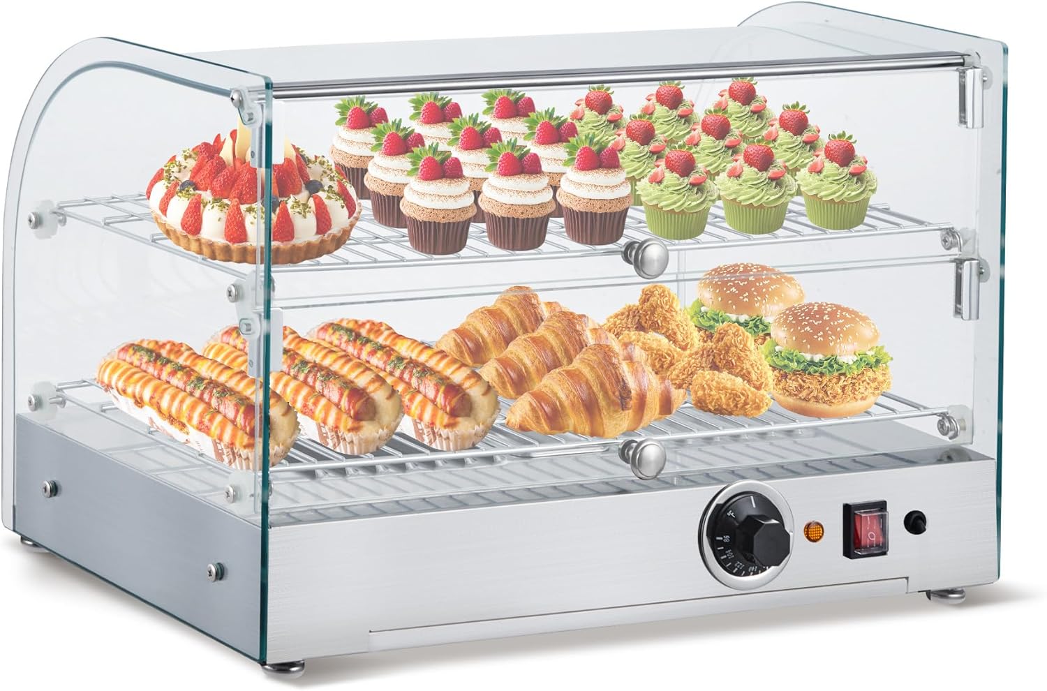 2-Tier Food Warmer, 22 in Countertop Commercial Food Warmer with Dual Glass Door, 1.5 Cu. Ft Stainless-Steel Display Case for Hamburger, Pizza, Bread, Fried Chicken - 1500 w