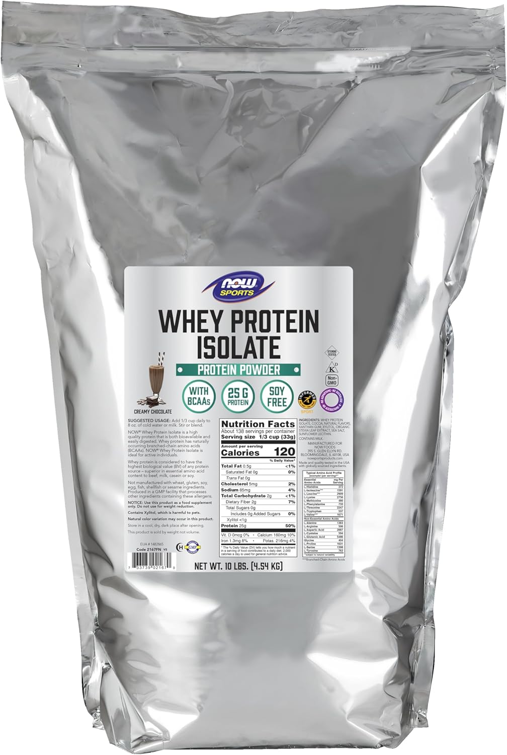 NOW Foods Sports Nutrition, Whey Protein Isolate, 25 g With BCAAs, Creamy Chocolate Powder, 10-Pound