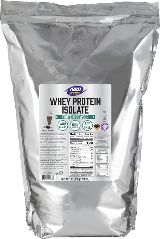 NOW Foods Sports Nutrition, Whey Protein Isolate, 25 g With BCAAs, Creamy Chocolate Powder, 10-Pound