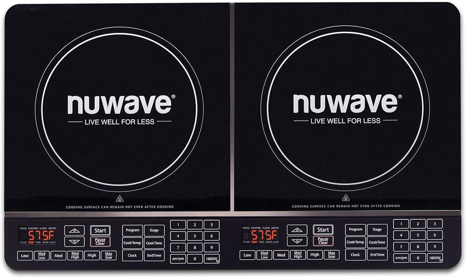 Nuwave Double Induction Cooktop, Powerful 1800W, 2 Large 8\u201D Heating Coils, Independent Controls, 94 Temp Settings from 100°F to 575°F in 5°F Increments, 2 x 11.5\u201D Shatter-Proof Ceramic Glass Surface