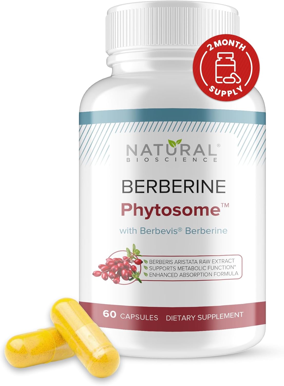 Berberine Phytosome with Berbevis, 550mg Enhanced Absorption Supplement for Metabolic Support & Heart Health, Highly Bioavailable Berberine Complex, Gluten-Free, Non-GMO, 60 Vegetarian Capsules