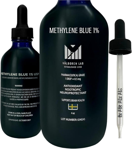 Methylene Blue Pharmaceutical Grade 4oz - Made in USA - Third Party Tested - USP Grade Brain Health Dietary Supplement - Formaldehyde & Alcohol-Free - Methylene Blue 1% Drops for Humans(118ML Bottle)