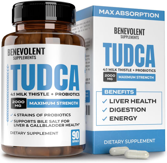 2000mg TUDCA Bile Salts Supplement Complex | Supports Liver Detox & Cleanse, Gallbladder, Gut & Kidney Health | 4:1 Milk Thistle + Probiotics for Max Absorption| USA Made | 90 Non-GMO V Capsules