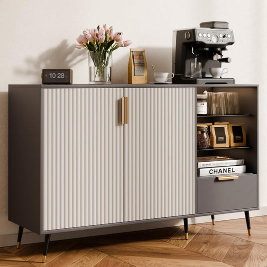 MODNEST 47" Wide Fluted Sideboard Cabinet with 2 Doors and Drawer, Sideboard Buffet Cabinet with Storage, Coffee Bar for Kitchen, Living Room, Entryway, 47.2" Wx15.7 Dx31.5 H,Grey
