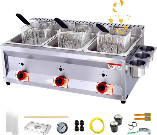 Commercial Countertop LPG Gas Deep Fat Fryer Dual Tanks With 10Lx2\/3 Basket And Lid Stainless Steel Large Capacity Propane LPG With Metal Tube For French Fries Home Kitchen Restaurant(Color:3 Baskets)