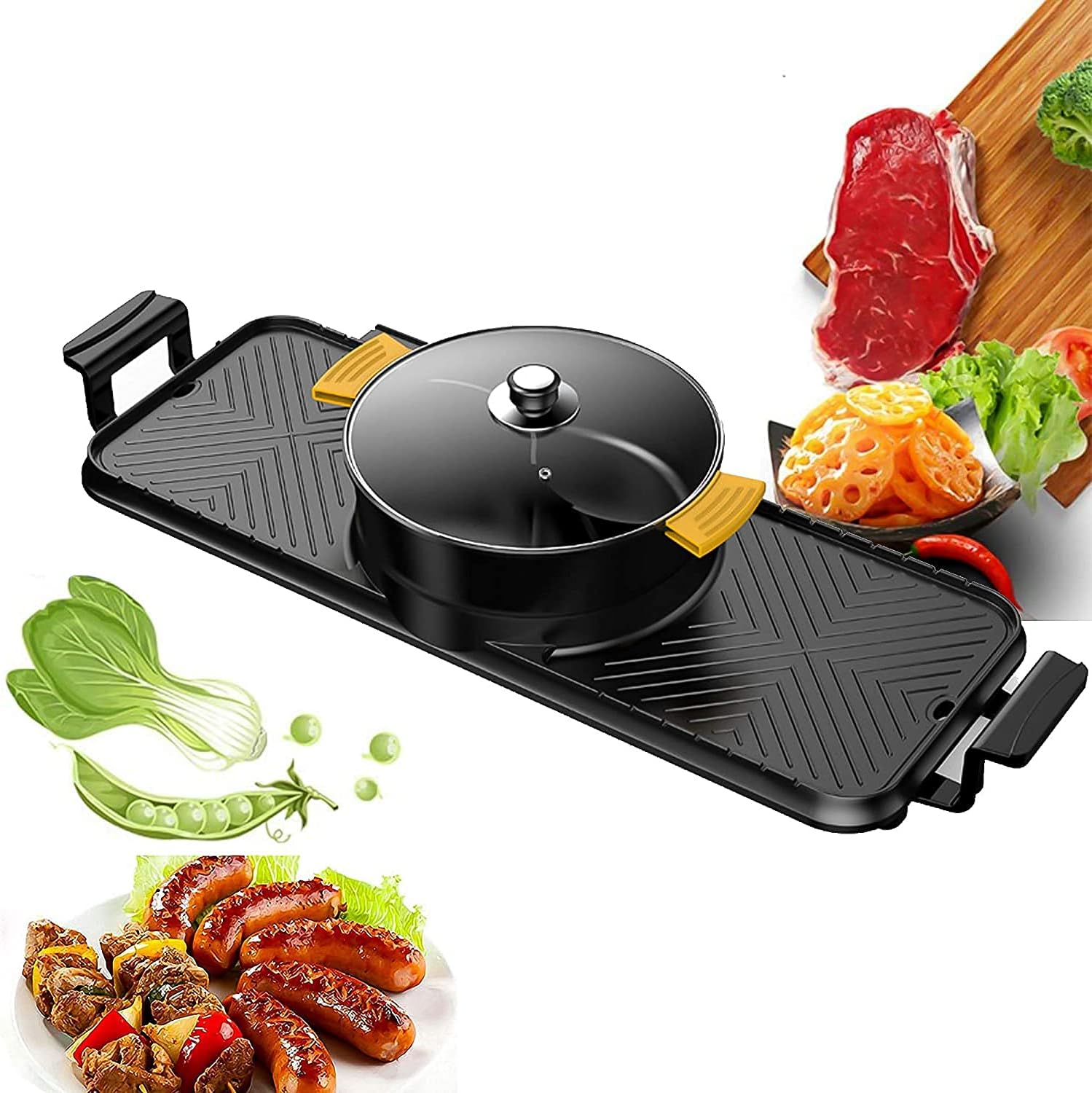 BBQ Smokeless Grill Electric Grill and Hot Pot, Portable Home Electric Grill, Independent temperature control, 2 in 1 Electric Pan Shabu Hot Pot BBQ Frying Cook Grill with 5 Temperature adjustments fo