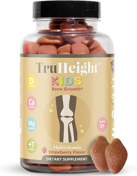 TruHeight Kids Bone Growth Gummies (Strawberry, Ages 2+) All Natural Kids & Toddler Vitamins - Vitamin D, Calcium, K2, Magnesium Multivitamin - Natural Growth & Development, Builds Strong Bones, Vegan