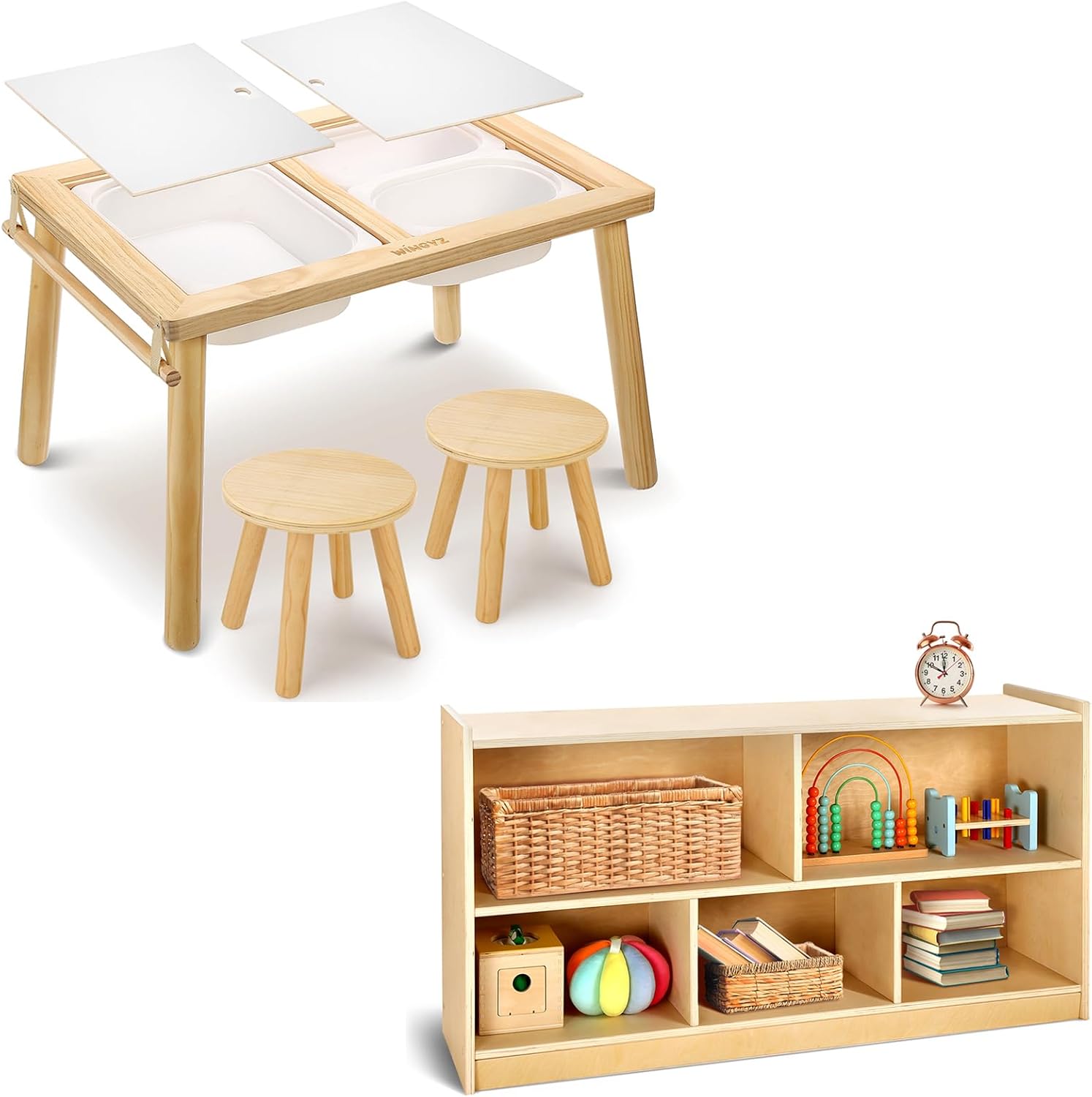 wingyz 3 in 1 Sensory Table and Chair Set + 5-Section Wooden Storage Cabinet, 5-Section