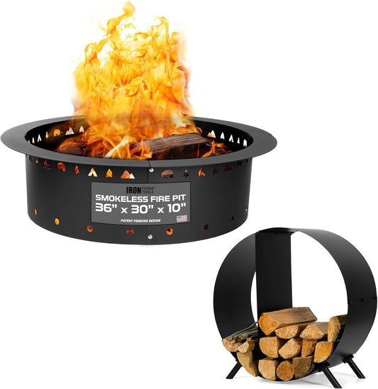 Iron Forge Tools 36" Fire Pit Ring & 24" Firewood Rack with Cover - Heavy Duty Outdoor Smokeless Metal Insert & Steel Log Holder for Year-Round Use