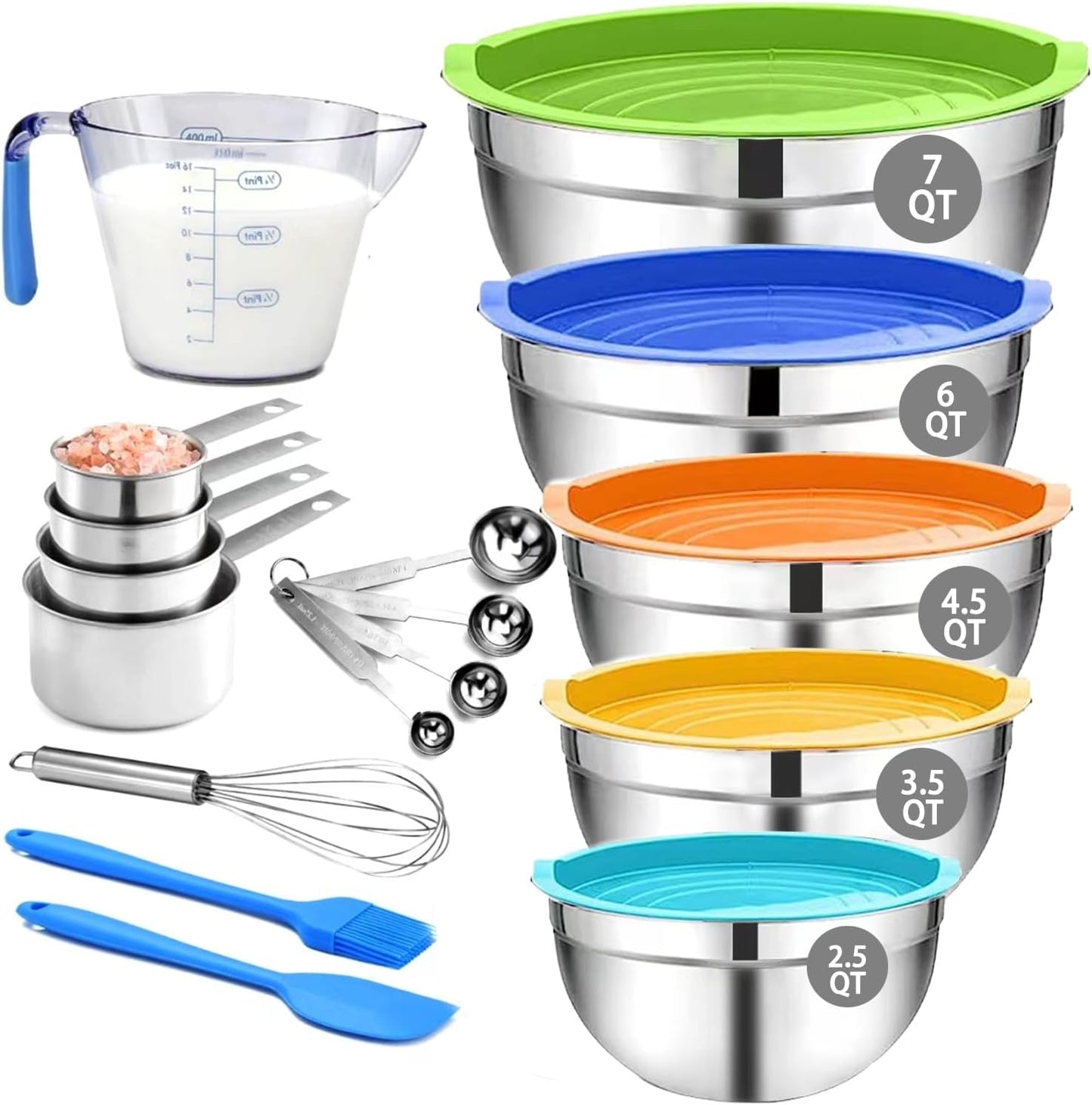 MIKULA Mixing Bowls, Mixing Bowl Set with Lids, 22PCS Large Stainless Steel Mixing Bowls & 400ML Measuring Cups Spoons Storage Nesting Metal Baking Bowl 7\/6\/4.5\/3.5\/2.5QT for Kitchen Supplies