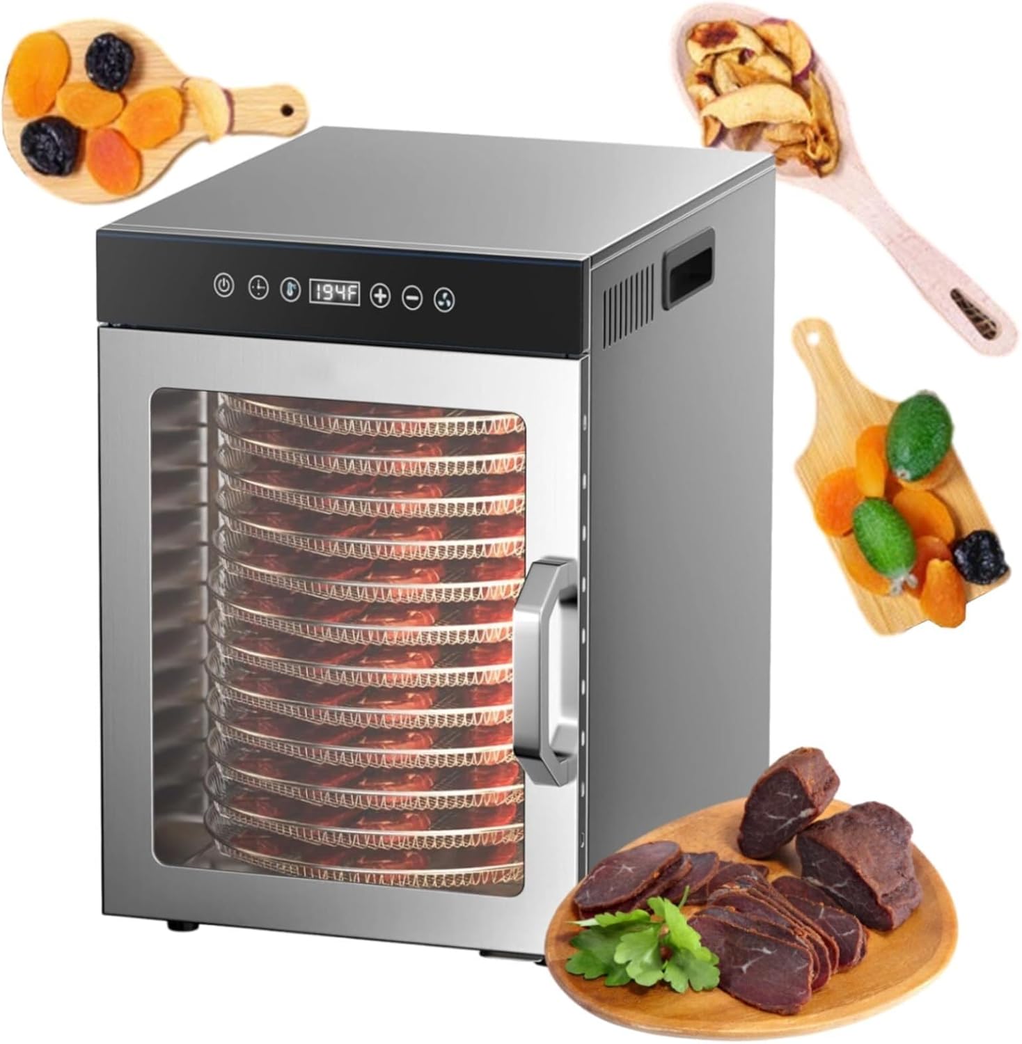 Food-Dehydrator Machine 12 Stainless Steel Trays, 1000W Fruit Dehydrator, 9.1ft² Meat-Dehydrator For Jerky, 86-194°F Temperature Control(Silver,220V)