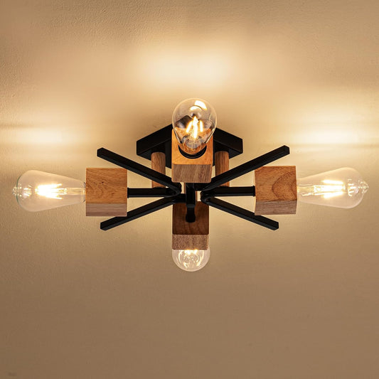 fengkeDU 4 Light Sputnik Light Fixture Black Flush Mount Lights Industrial Ceiling Light Wood 22" Modern Farmhouse Ceiling Lights for Kitchen Bedroom Bathroom Foyer Hallway(E26)