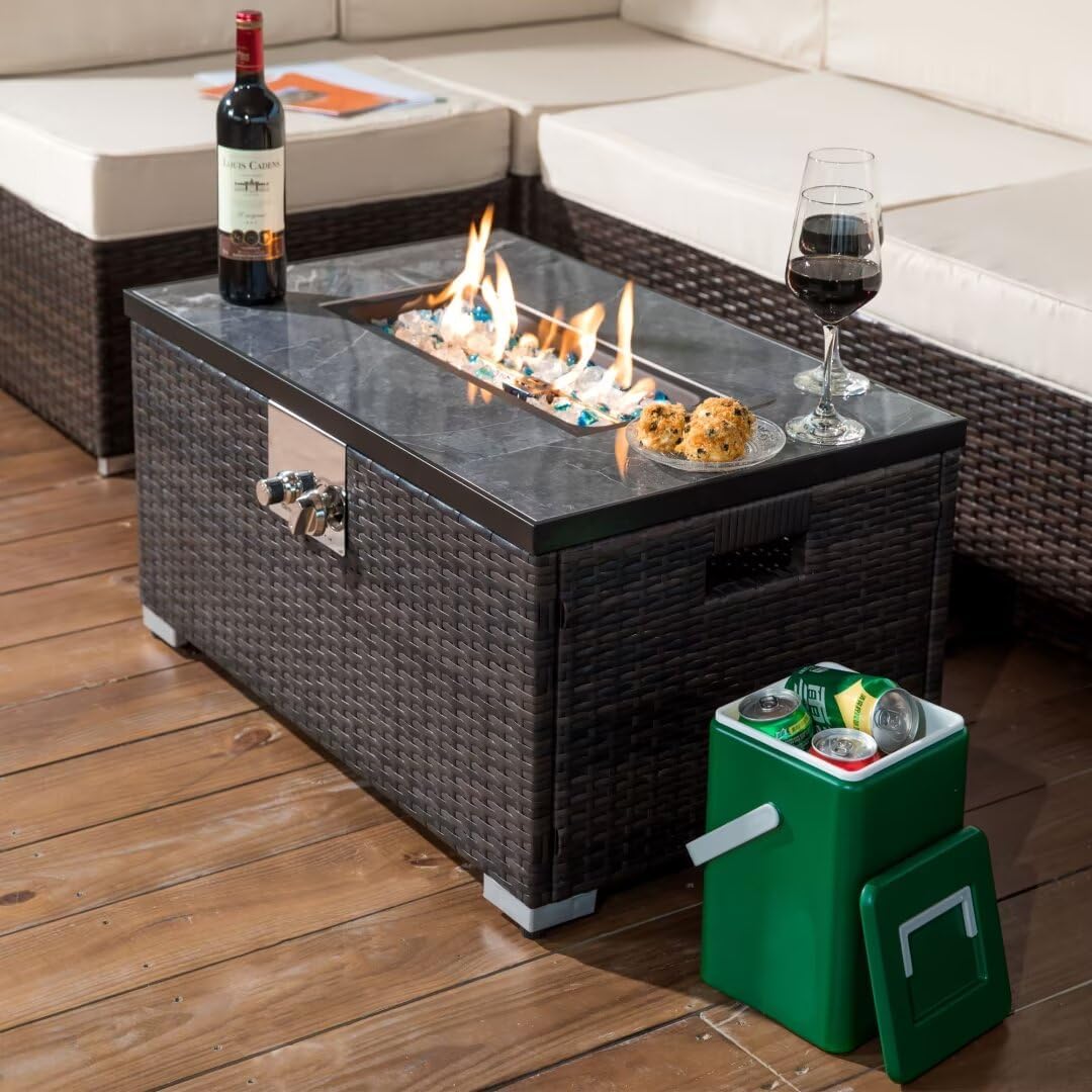 32 in Propane Fire Pit 50,000 BTU Outdoor Gas Fire Pit Table with Tempered Glass Tabletop and Rattan Wicker Base, Rectangle Fire Table for Patio Deck Party Gathering, Brown