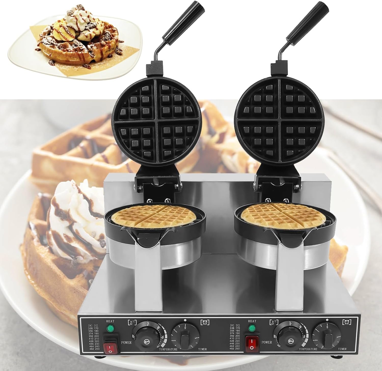2400\u202FW Commercial Waffle Maker,Double Head Waffle Irons,Flip Waffles Maker with Adjustable Temp and Timer,Rotating Pancake Maker Machine for Restaurant Home Kitchen Snack Bar