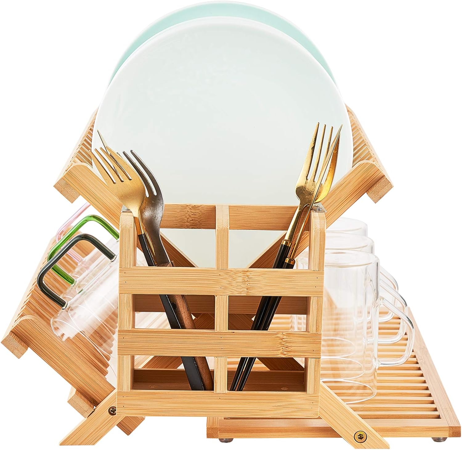 Worthyeah Bamboo Dish Drying Rack, 3 Tier Collapsible Wooden Dish Drainer Rack with Utensil Holder, Plate Rack for Kitchen Counter, Large Folding Drying Holder 51 pcs Grid