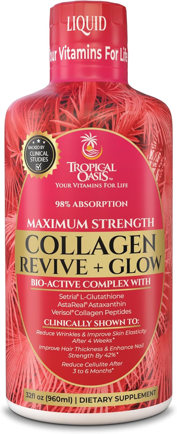 Liquid Collagen Glow for Women & Men\u2013 5000mg VERISOL Hydrolyzed Collagen Peptides + Biotin | Supports Skin Elasticity, Hair Growth, Strong Nails | Clinically Studied Ingredients| 32 Serv