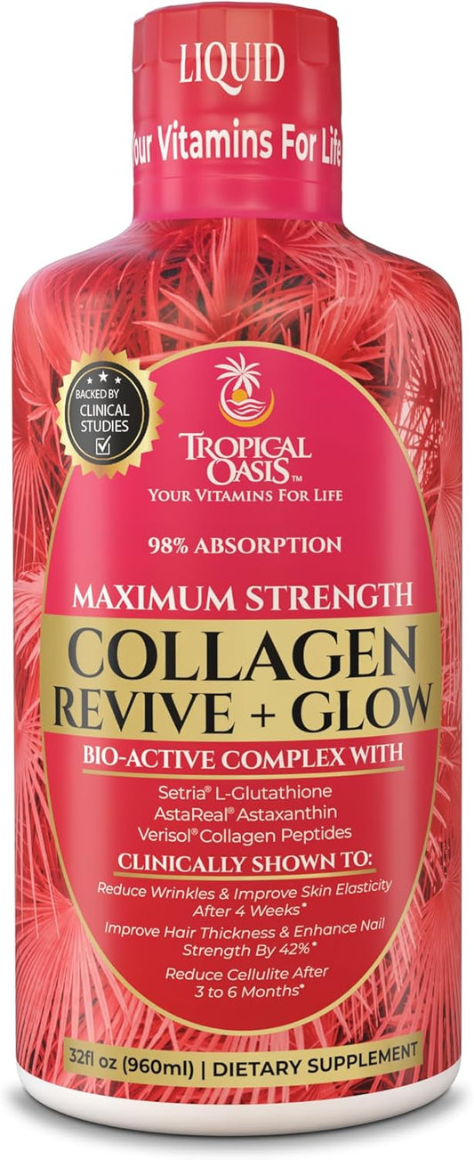 Liquid Collagen Glow for Women & Men\u2013 5000mg VERISOL Hydrolyzed Collagen Peptides + Biotin | Supports Skin Elasticity, Hair Growth, Strong Nails | Clinically Studied Ingredients| 32 Serv