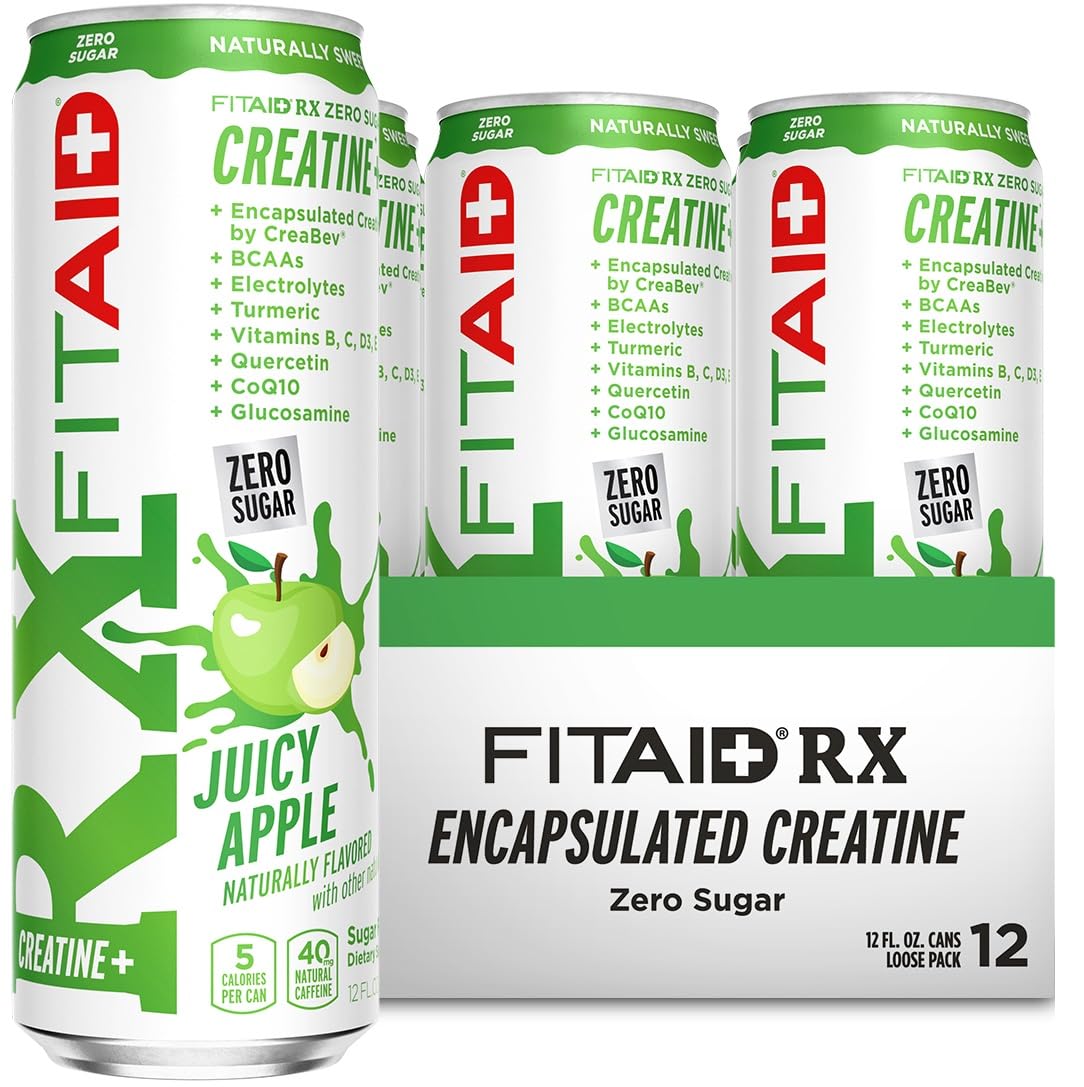 FITAID RX Zero Sugar, Encapsulated Creatine, Workout Recovery Drink, All-In-One Blend, BCAAs, Glucosamine, Turmeric, B-Complex, Naturally Sweetened, Juicy Apple, 12 Fl Oz (Pack of 12)