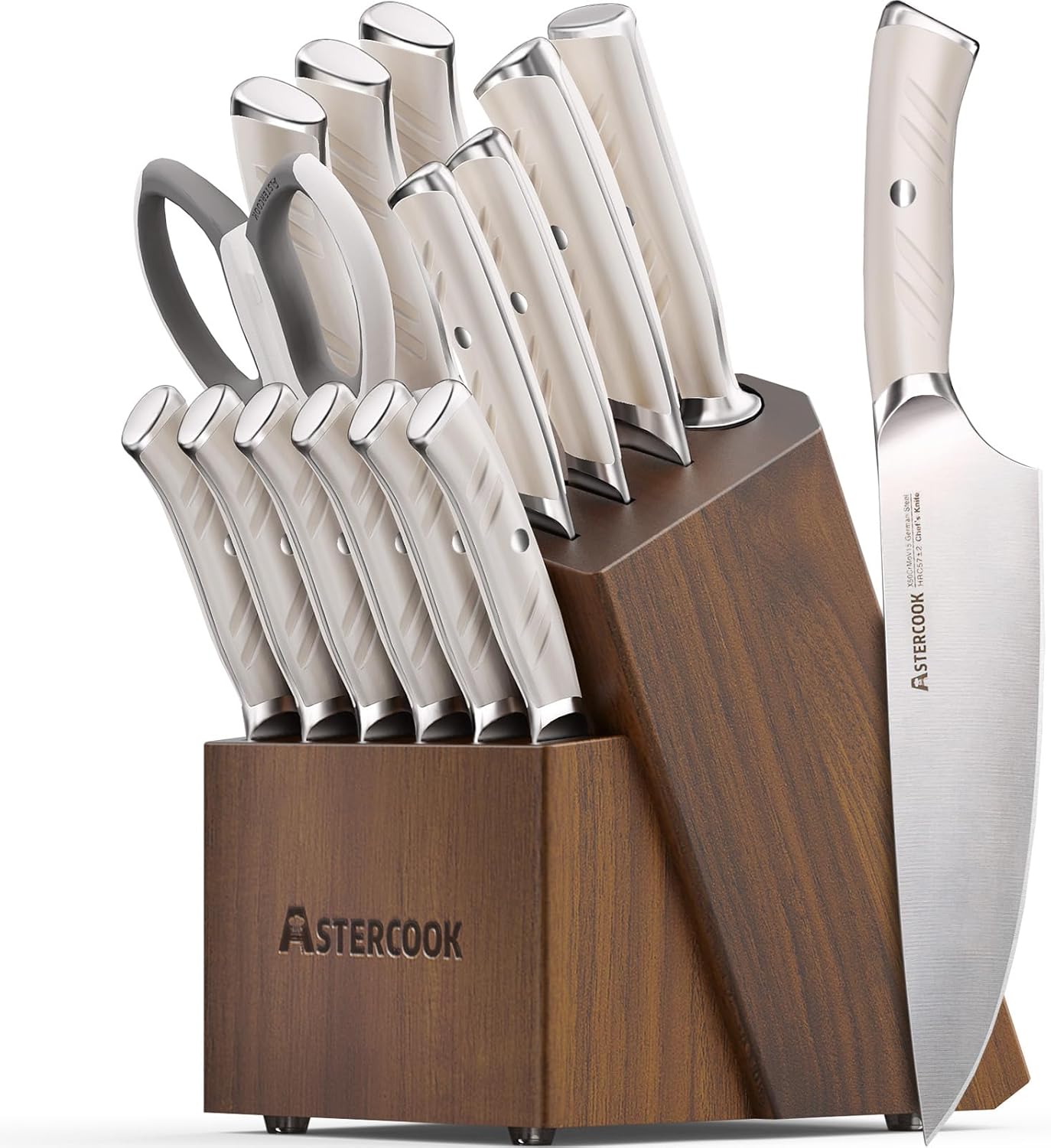 Knife Set, Astercook Kitchen Knife Set with Block, 15 Pcs Luxurious High Carbon German Stainless Steel Knives Set with Full Tang Ergonomic Handle, Dishwasher Safe Knife Block Set with Sharpening Rod