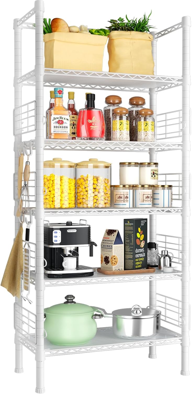 FUTASSI Metal Storage Rack, Storage Organizer Shelves for Kitchen, Bathroom, Living Room, Balcony and Garage, 5 Tiers Narrow Bookshelf, 21.2" W x 9.4" D x 59.2" H, Load 400lbs, White