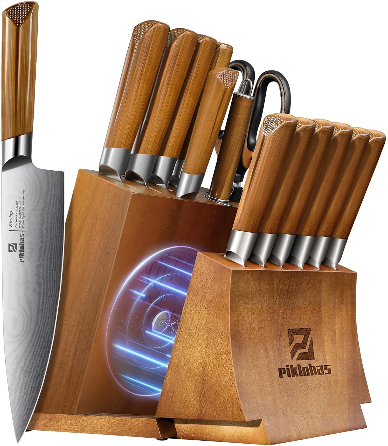 Kitchen Knife Sets With Block, Piklohas 15 Pieces Knife Sets With Magnetic Detachable Knife Holder, High Carbon Steel Damascus Pattern Chef Knife Set With Steak Knives, Ideal For House Warming Gift