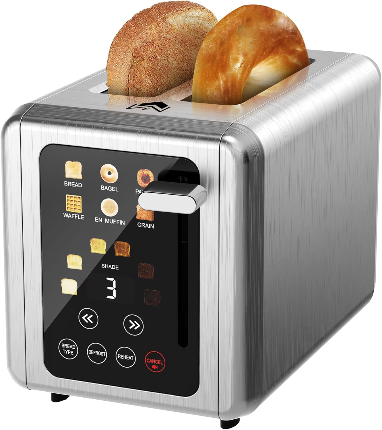 WUNLY Touch screen Toaster 2 slice,Stainless Steel Digital Timer Toasters with Sound Function,6 Bread Types & 6 Shade Settings,Smart Extra Wide Slots Toaster with Bagel,Defrost Functions