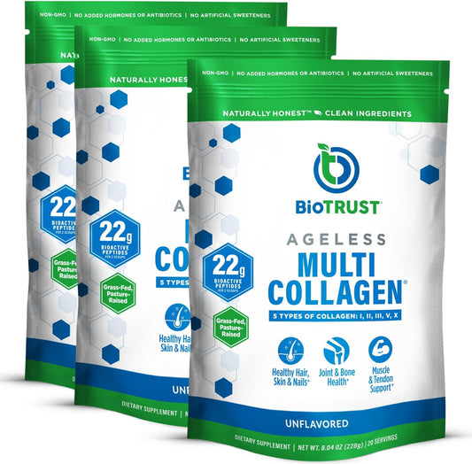 BioTrust Ageless Multi Collagen Peptides Powder – 5 Types (I, II, III, V, X) – Unflavored Collagen Powder for Women & Men – Hydrolyzed Protein – Grass Fed Beef, Fish, Chicken, Eggshell Membrane, 3-pk