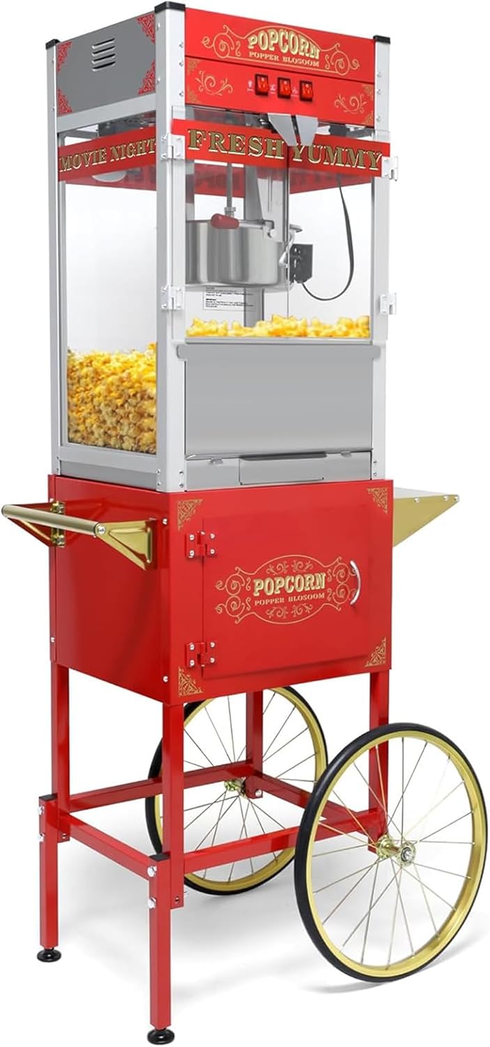 TRJQBCC Popcorn Machine with Cart & Wheels & 20 OZ Kettle, 1440W Popcorn Maker, Theater Popcorn Machine Cart w\/Lockers,Makes Up to 80 Cups Popcorn Maker w\/Old Maids Drawer & Heated Warming Deck(Red)