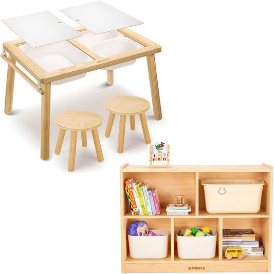 wingyz 3 in 1 Sensory Table and Chair Set + 5-Section Wood Storage Shelf Organizer 35.4" L