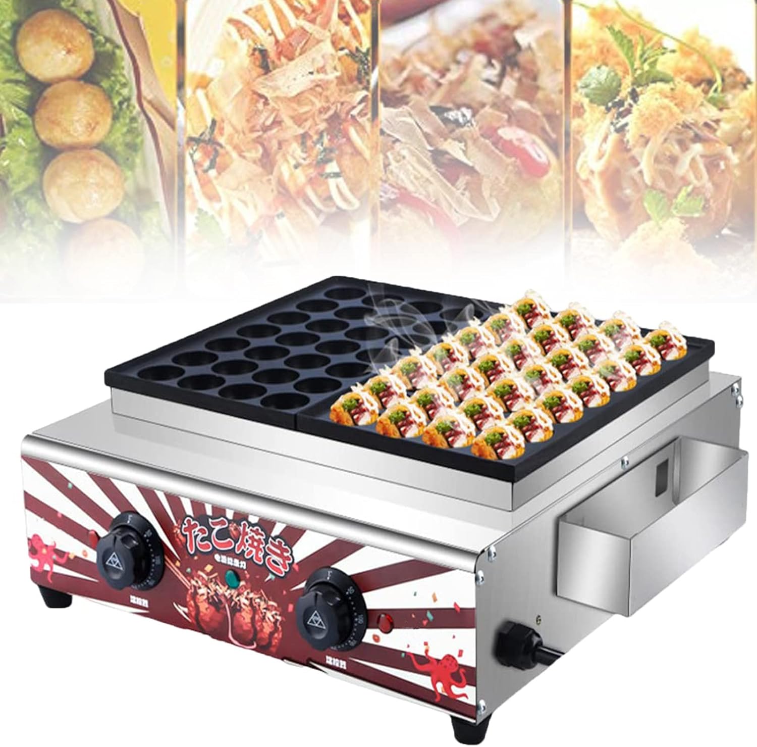 Gas Takoyaki Maker Commercial Takoyaki Pan 56 Holes Maker with 2 Electric Frying Pan for Making Japanese Octopus Balls,Breakfast,Fried Eggs,Pancake,Steak