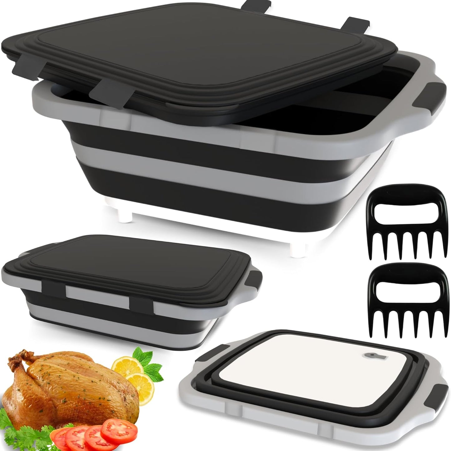 MAYALEAD BBQ Prep Tub with 2 Pcs Meat Shredder Claws, Collapsible Cutting Board, Cutting Board with Locking Lids, Drip Easy BBQ Prep Tub with lid-XL Size (Black)