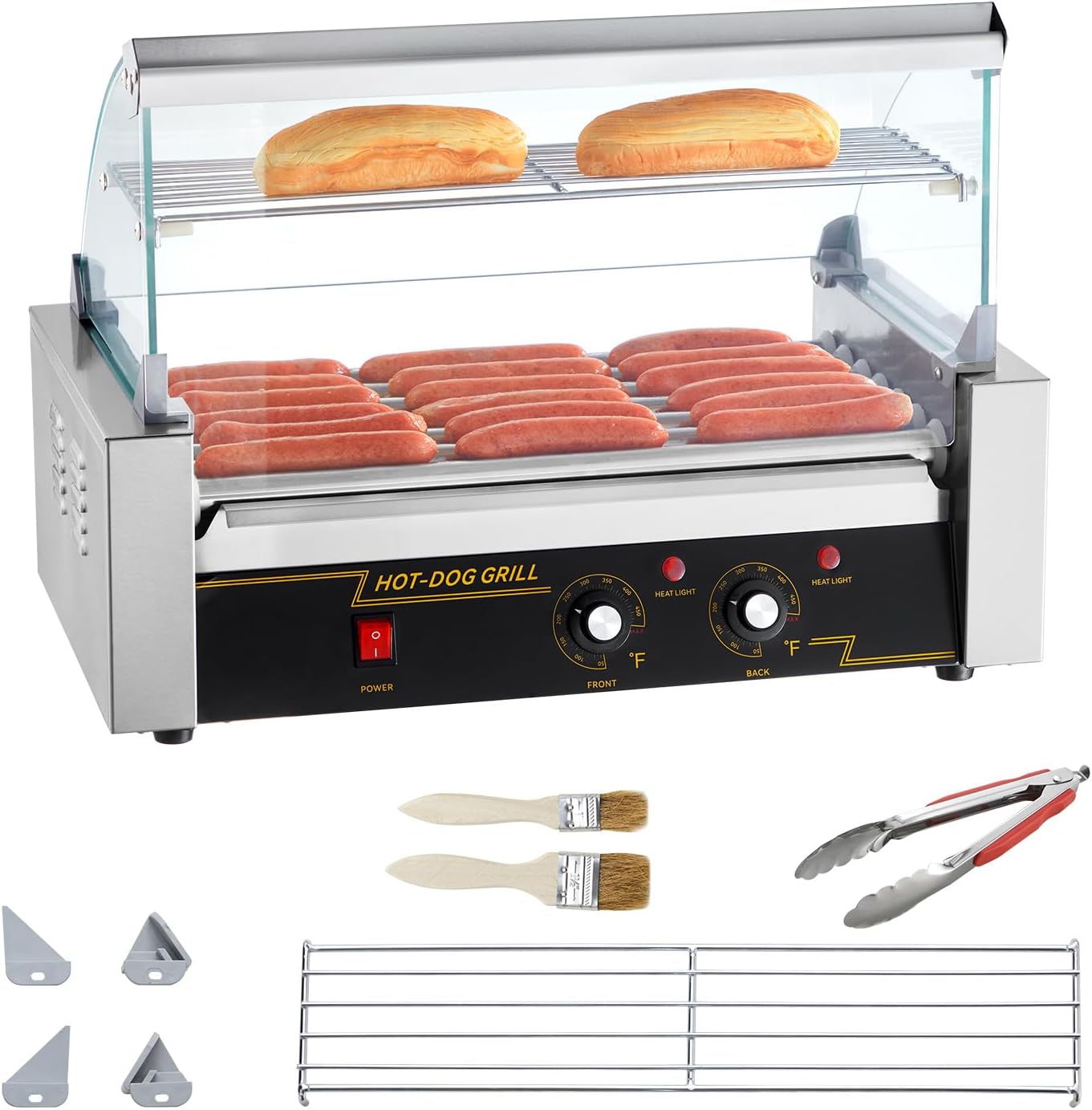 Happybuy Hot Dog Roller, 7 Rollers Capacity for 18 Hot Dogs, 1050W Stainless Steel Cooker with Dual Temp Control, Glass Hood, Bun Warmer Shelf, Removable Oil Drip Tray, ETL Certified