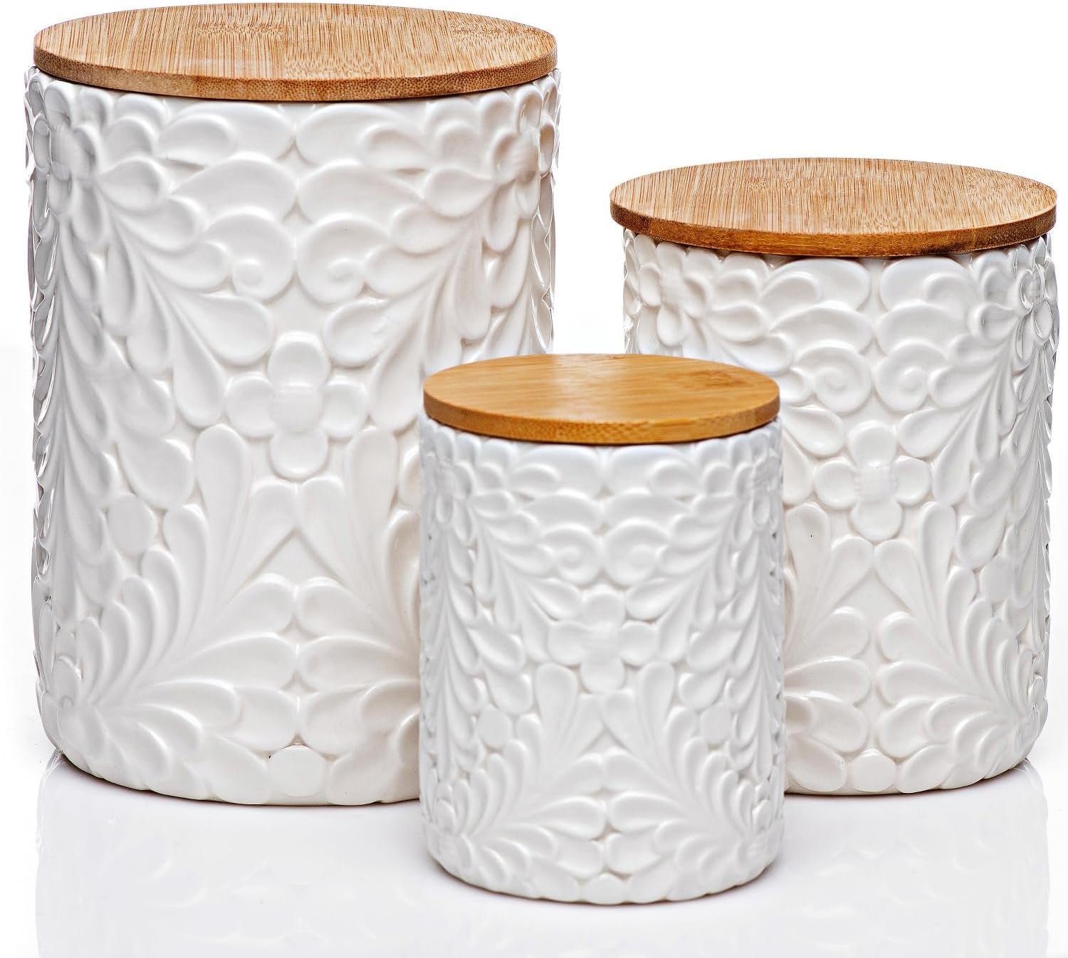 Engraved Design Kitchen Canisters Set of 3 with 74 Oz, 36 Oz, and 18 Oz - White Storage Jars for Countertop with Airtight Bamboo Lids - Large Flour Tea Coffee Sugar Spices Container - Decorative