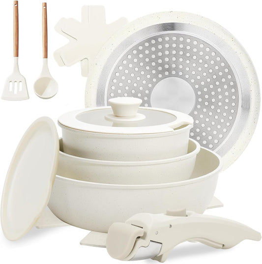 Numola 10 pcs Pots and Pan Set Non Stick with Detachable Handle, Ceramic Cookware Set for Stackable, Induction Kitchen Cookware Set for RV, Dishwasher ＆ Oven Safe, Cream White