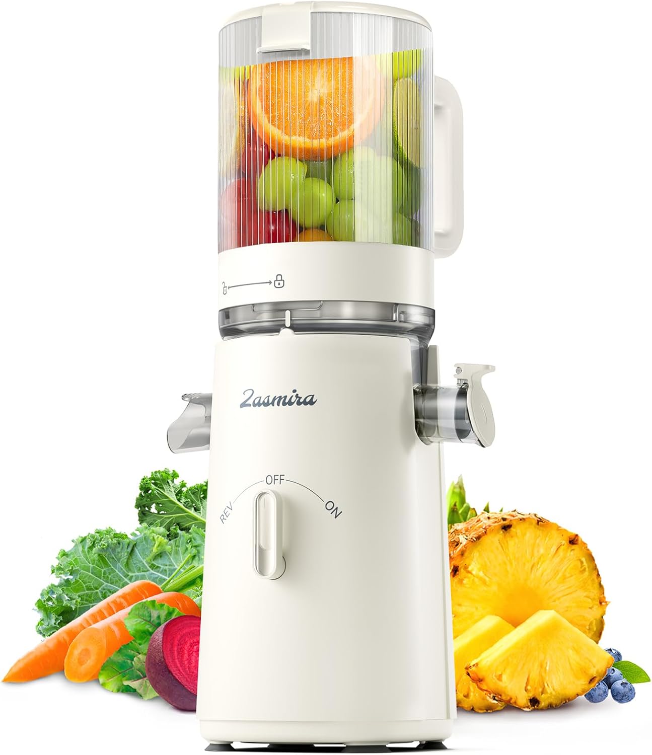 Cold Press Juicer, Zasmira Juicer Machines with Large Feeding Chute, Powerful Slow Juicer with Pulp Seperation, 99.6% Juice Purity, Easy to Clean, White