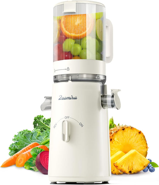 Cold Press Juicer, Zasmira Juicer Machines with Large Feeding Chute, Powerful Slow Juicer with Pulp Seperation, 99.6% Juice Purity, Easy to Clean, White