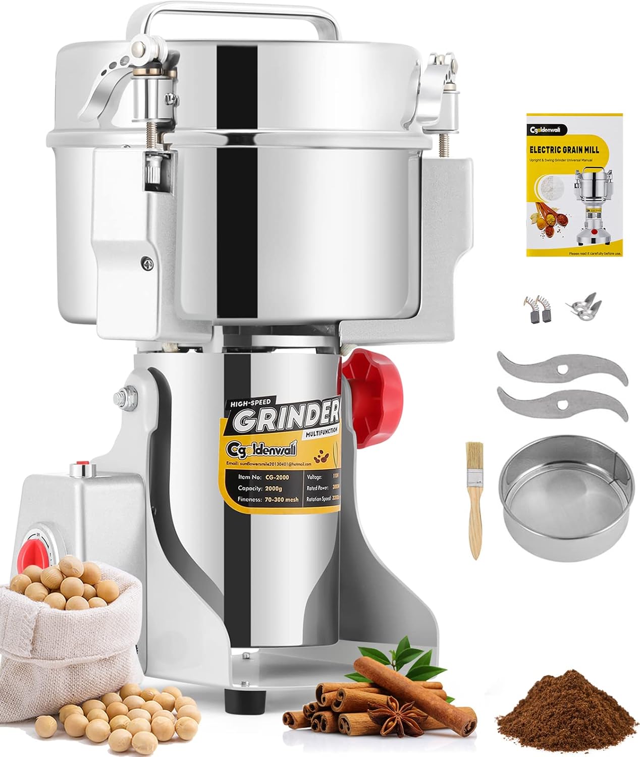 CGOLDENWALL 1000g Electric Grain Grinder Mill Safety Upgraded 3000W High-speed Spice Herb Grinder Commercial Superfine Machine Dry Cereals Pulverizer CE 110V (1000g Swing Type)