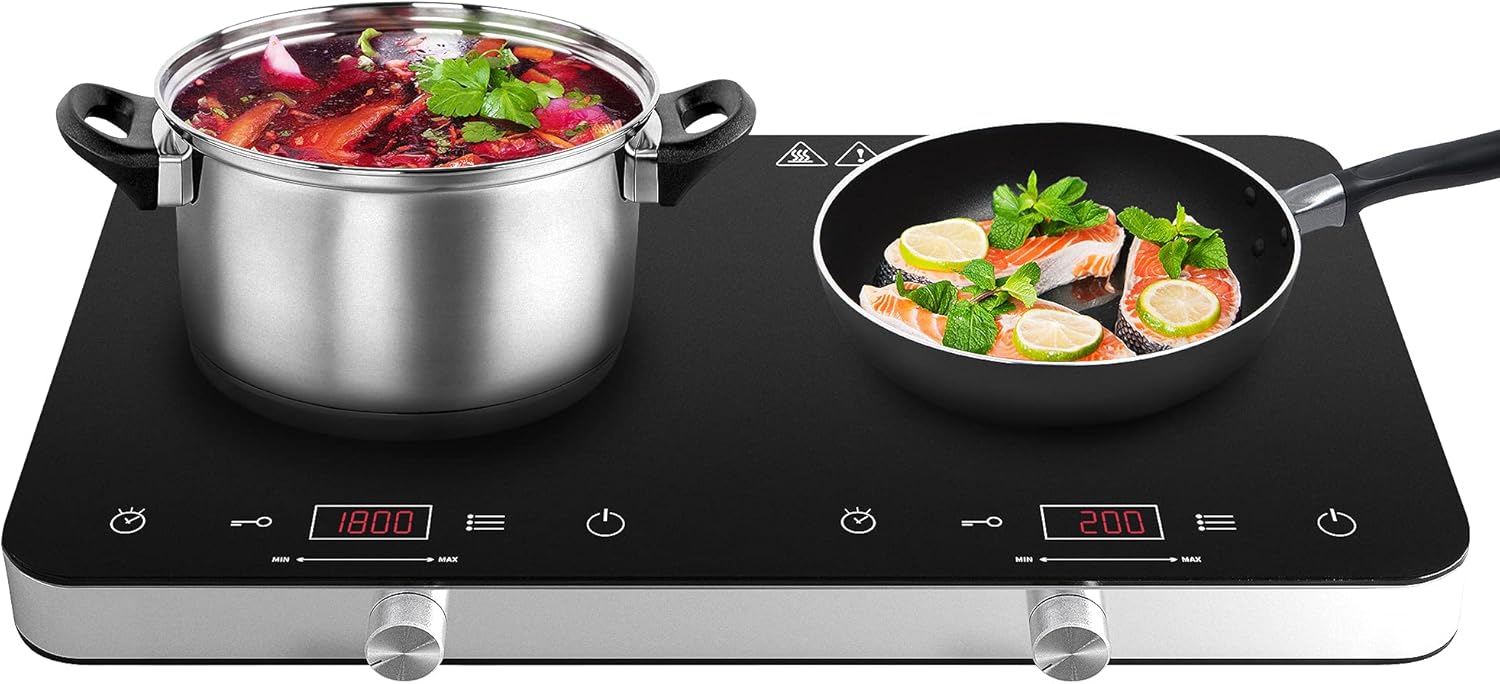 COOKTRON Double Induction Cooktop Burner, 1800w 2 burner Induction Cooker Cooktop, 10 Temperature 9 Power Settings Portable Electric Countertop Burner Touch Stove with Child Safety Lock & Timer